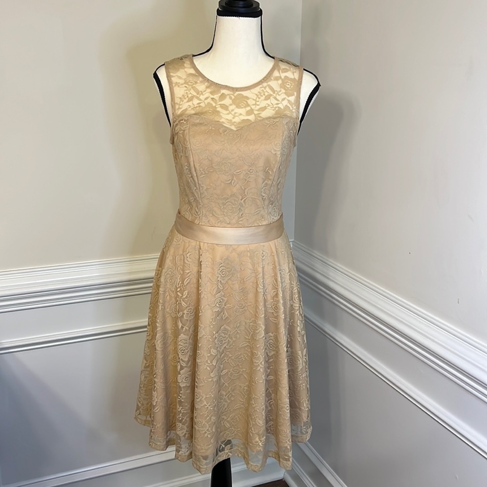 Dressy Star Sleeveless Lace Floral Print A Line Dress Tan Size Small - Picture 2 of 15
